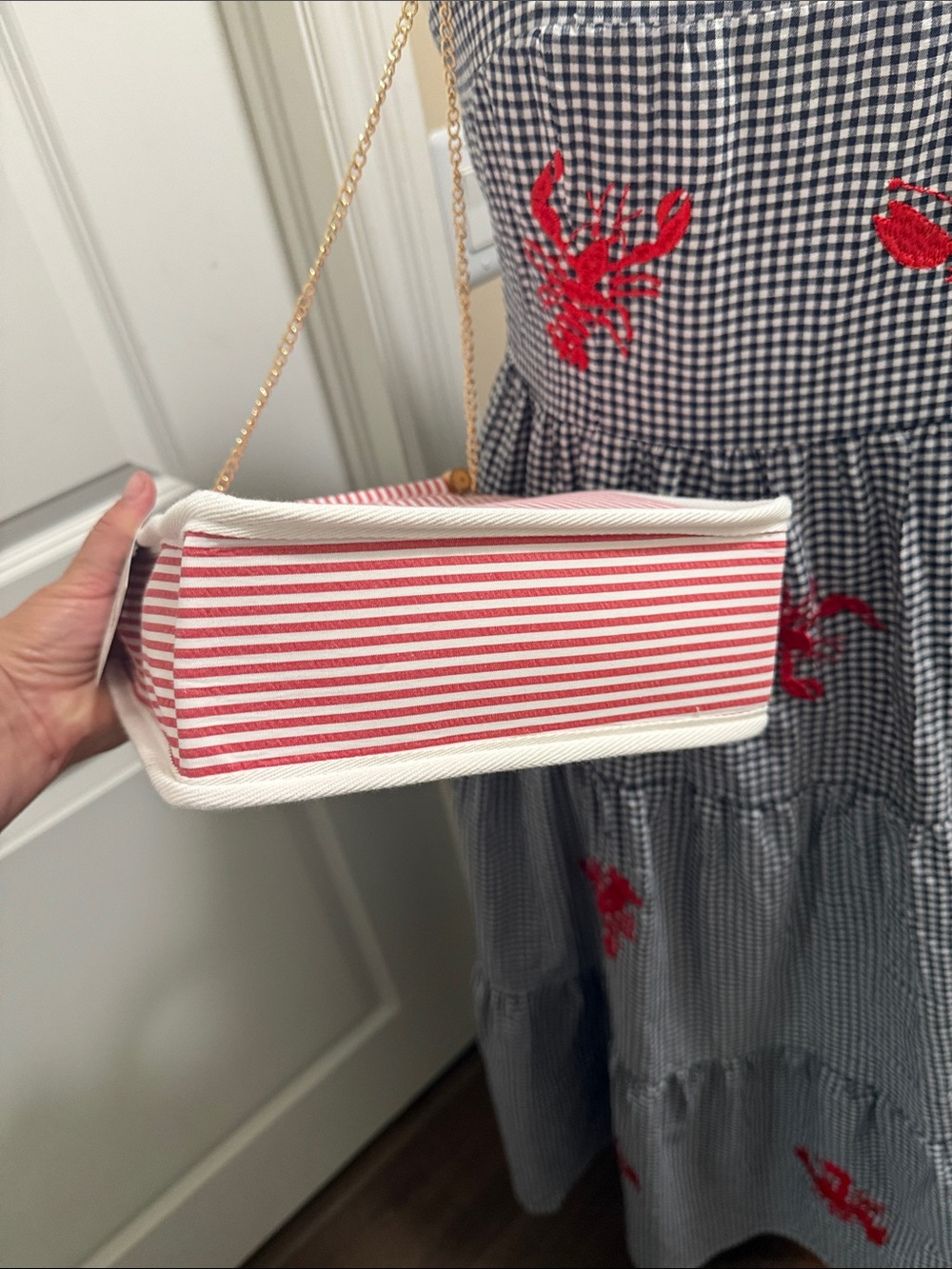 Blue and White Gingham Dress with Red embroidered lobsters. And matching purse. - Picture 10 of 12